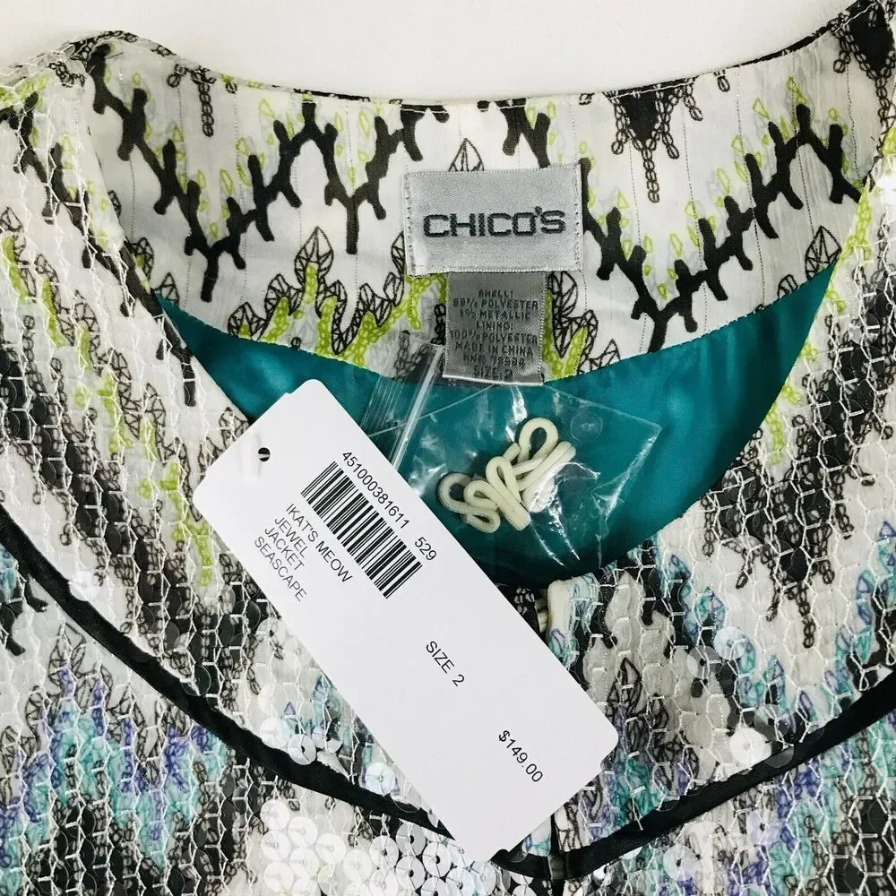 Chico's 2 Women's 12 Jacket Multicolor Seascape Ikats Meow Jewel Sequin NWT CN27